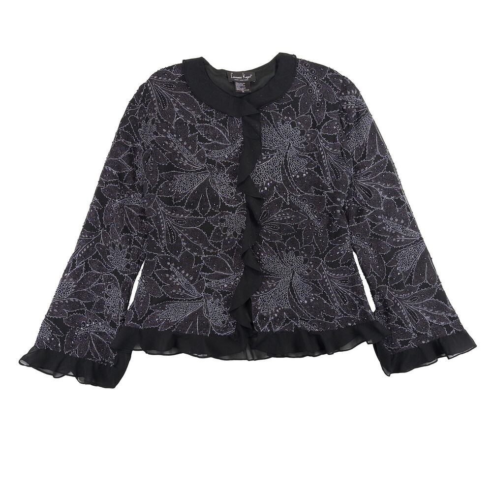 Laurence Kazar Silk Beaded Jacket VTG Womens XL Black Floral Evening Formal NYE